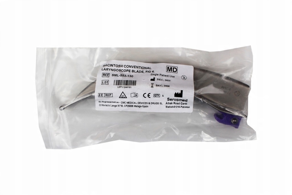 Disposable metal laryngoscope blade, MC 4 V/LED