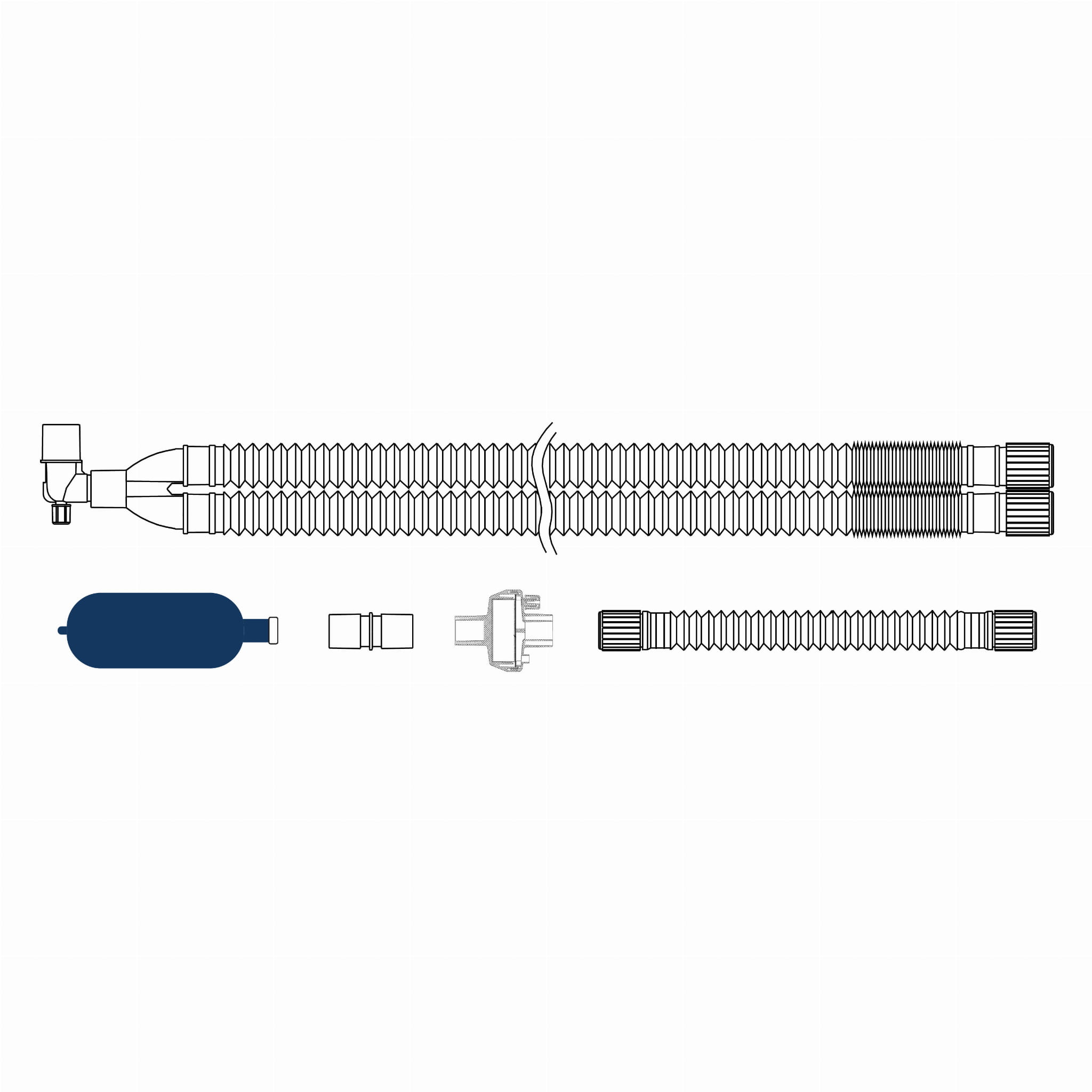 Corrugated Breathing Circuit with HMEF Filter, 2L Bag, 150cm Limb